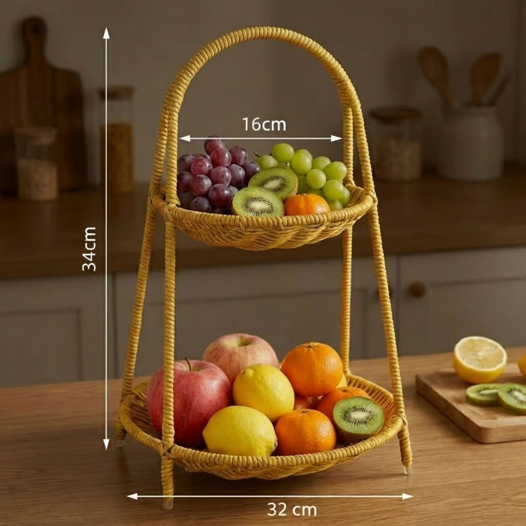 miorashop® Plastik Rattan İki Katlı Sunumluk–Dekoratif Organizer, Mutfak Meyve,Sebze Sepeti, Banyo Düzenleyici Raf,Masaüstü Çok Amaçlı Sunum Standı