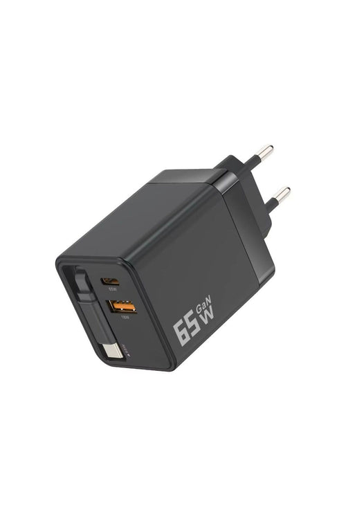 65W Süper Hızlı Şarj Cihazı | Dahili Type-C Kablo | USB-C & USB-A Çıkış | Çoklu Cihaz Desteği