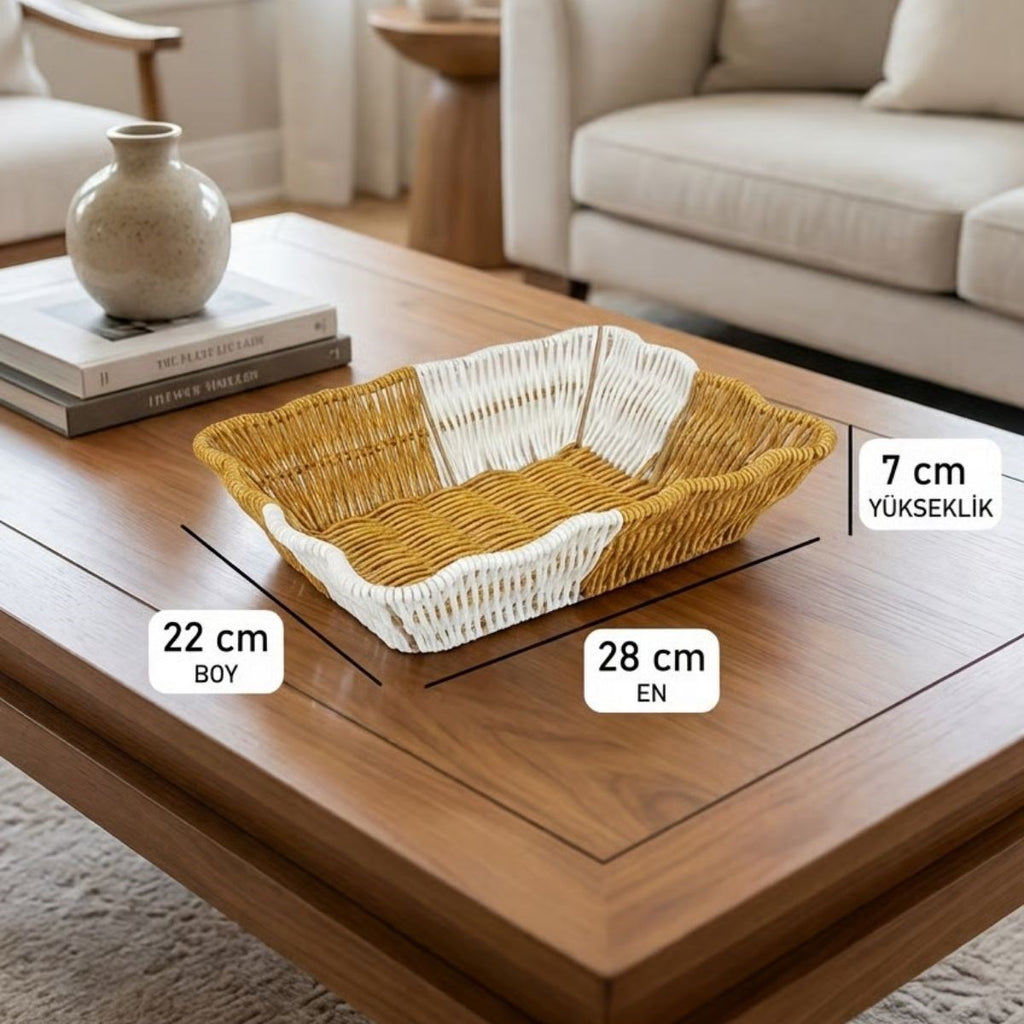 miorashop® Dikdörtgen Çift Renkli Plastik Rattan Ekmek ve Meyve Sepeti - Çok Amaçlı Banyo ve Mutfak Düzenleyici - Yıkanabilir Tezgâh Üstü Organizer