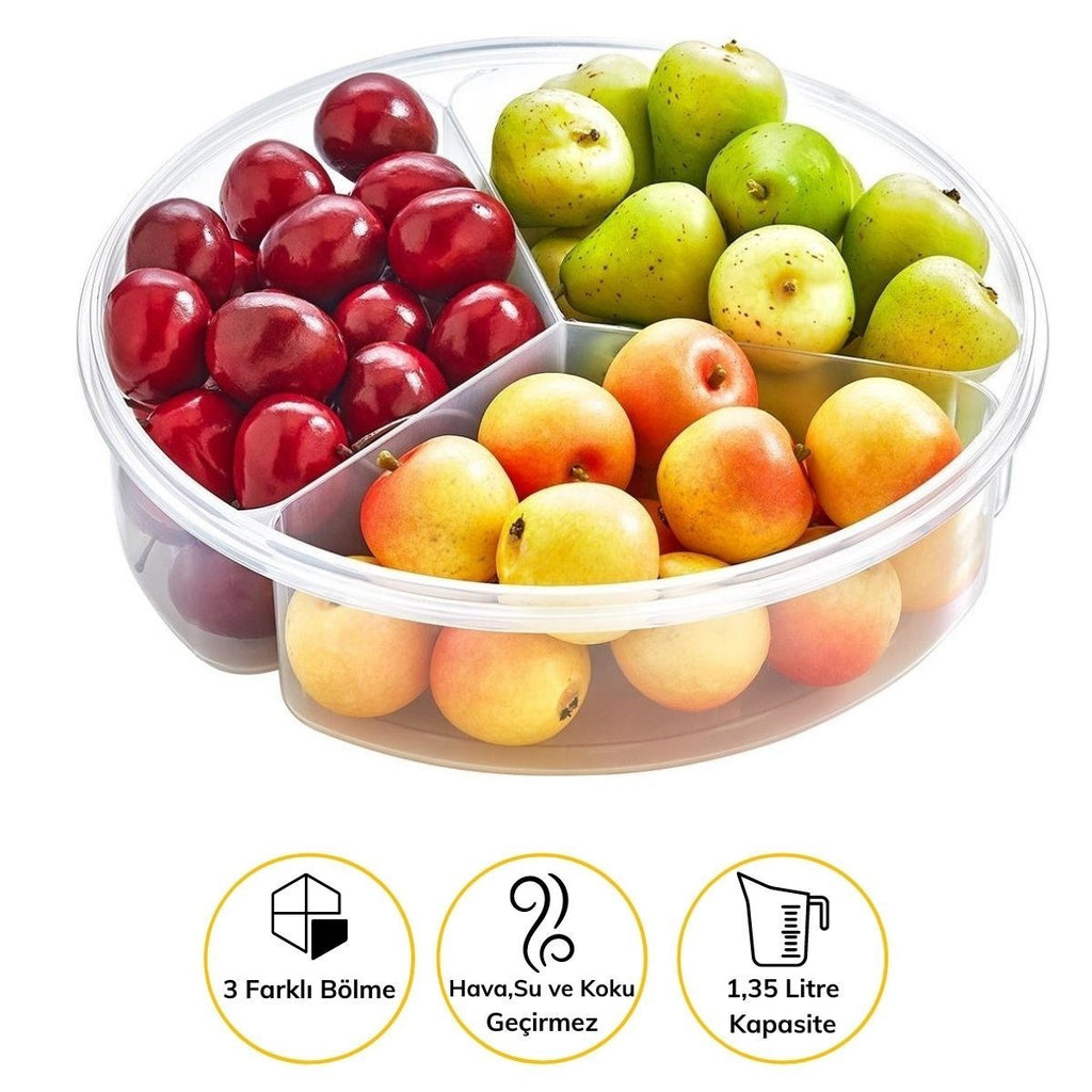 miorashop® 3 Bölmeli Sızdırmaz Contalı Kilitli Kapaklı 1,35 Litre yuvarlak Erzak Saklama Kabı LC-500