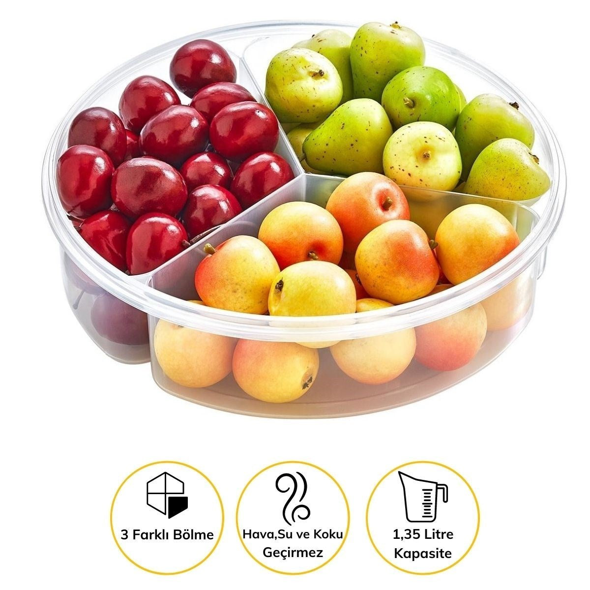 miorashop® 3 Bölmeli Sızdırmaz Contalı Kilitli Kapaklı 1,35 Litre yuvarlak Erzak Saklama Kabı LC-500