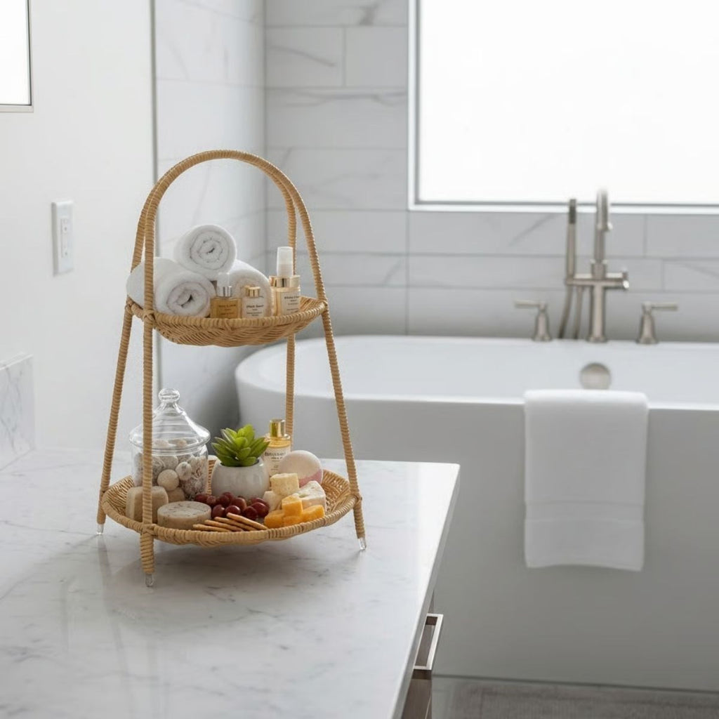miorashop® Plastik Rattan İki Katlı Sunumluk–Dekoratif Organizer, Mutfak Meyve,Sebze Sepeti, Banyo Düzenleyici Raf,Masaüstü Çok Amaçlı Sunum Standı
