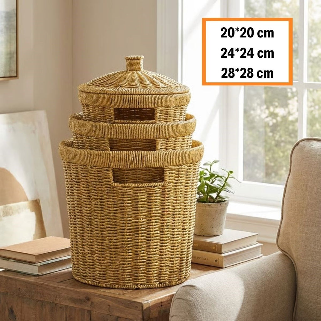 miorashop® 3’lü İç İçe Geçebilen Büyük Plastik Rattan Hasır Sepet Seti-Dayanıklı Çok Amaçlı Ev,Banyo ve Mutfak Düzenleyici