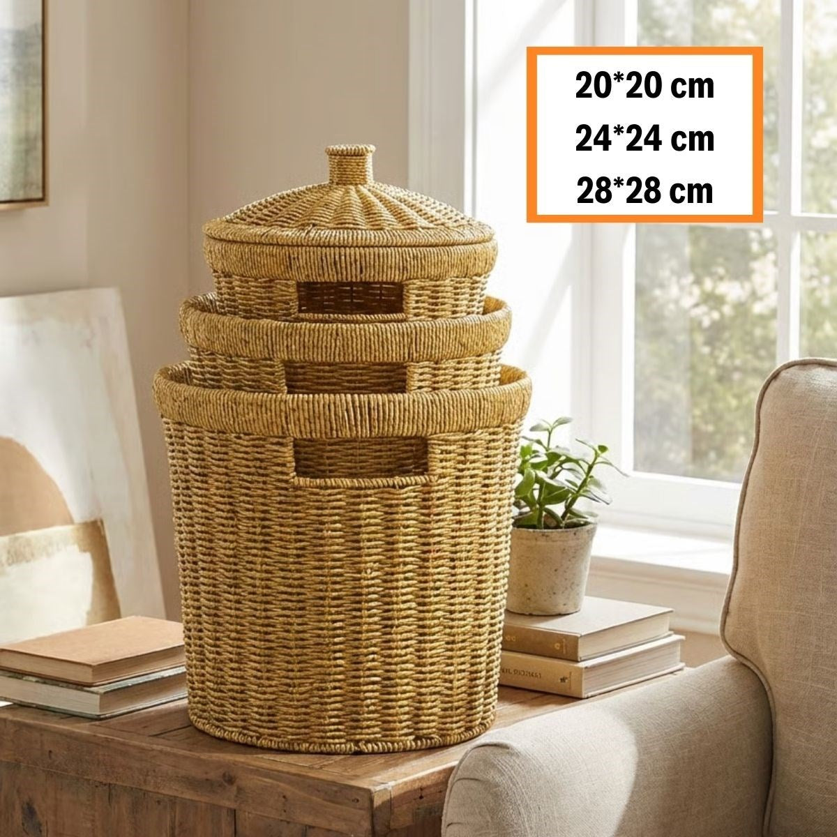 miorashop® 3’lü İç İçe Geçebilen Büyük Plastik Rattan Hasır Sepet Seti-Dayanıklı Çok Amaçlı Ev,Banyo ve Mutfak Düzenleyici