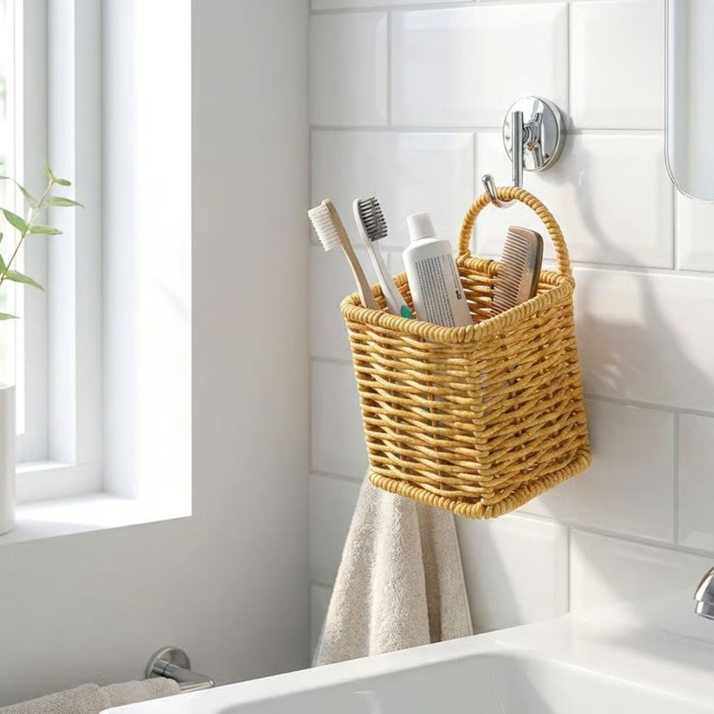 miorashop® Kare Hasır Dokulu Plastik Rattan Kaşıklık & Çatallık – Askılı Kendiliğinden Tutmalı Çok Amaçlı Mutfak Organizeri
