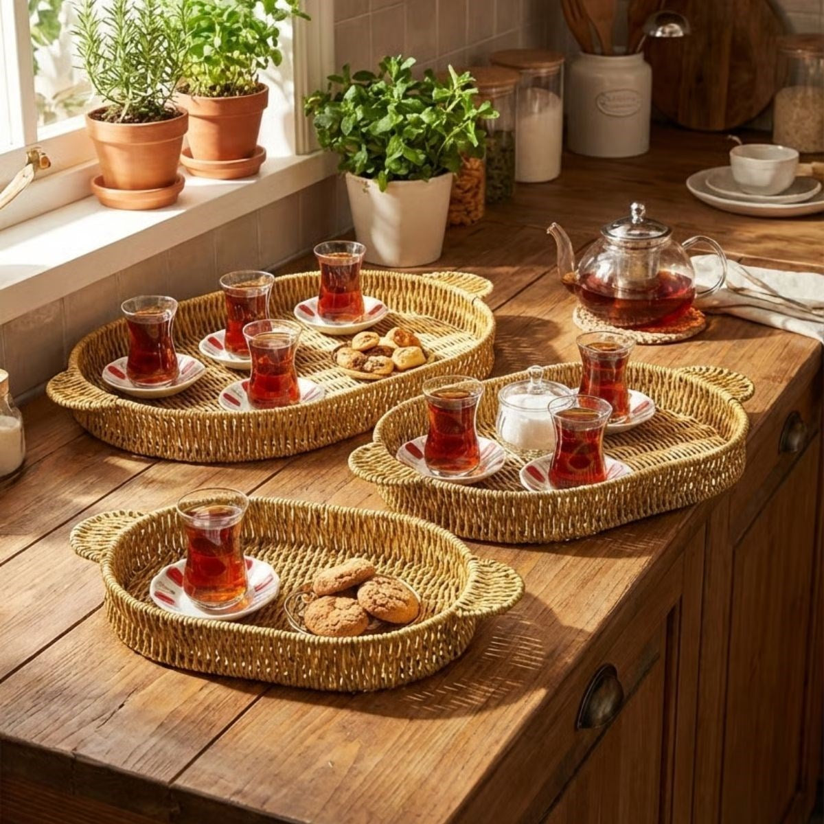 miorashop® İç İçe Geçebilen 3’lü Oval Plastik Rattan Tepsi Seti–Hasır Görünümlü Çok Amaçlı Servis ve Sunum Tepsileri