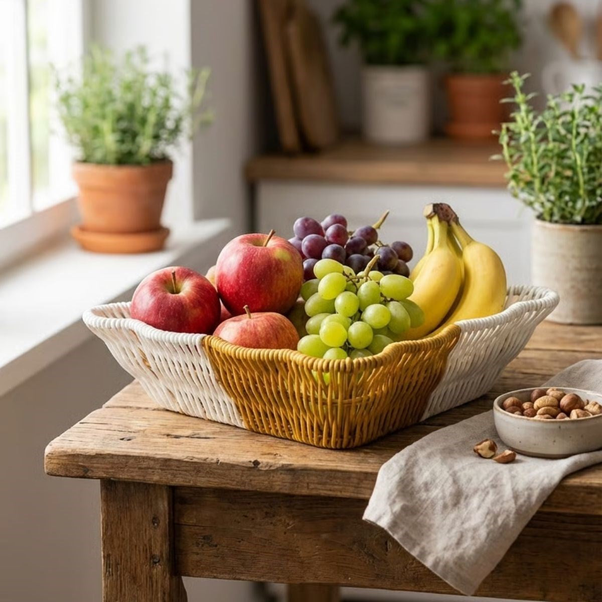 miorashop® Kare Dalgalı Çift Renkli Plastik Rattan Ekmek ve Meyve Sepeti - Çok Amaçlı Banyo ve Mutfak Düzenleyici - Yıkanabilir Tezgâh Üstü Organizer