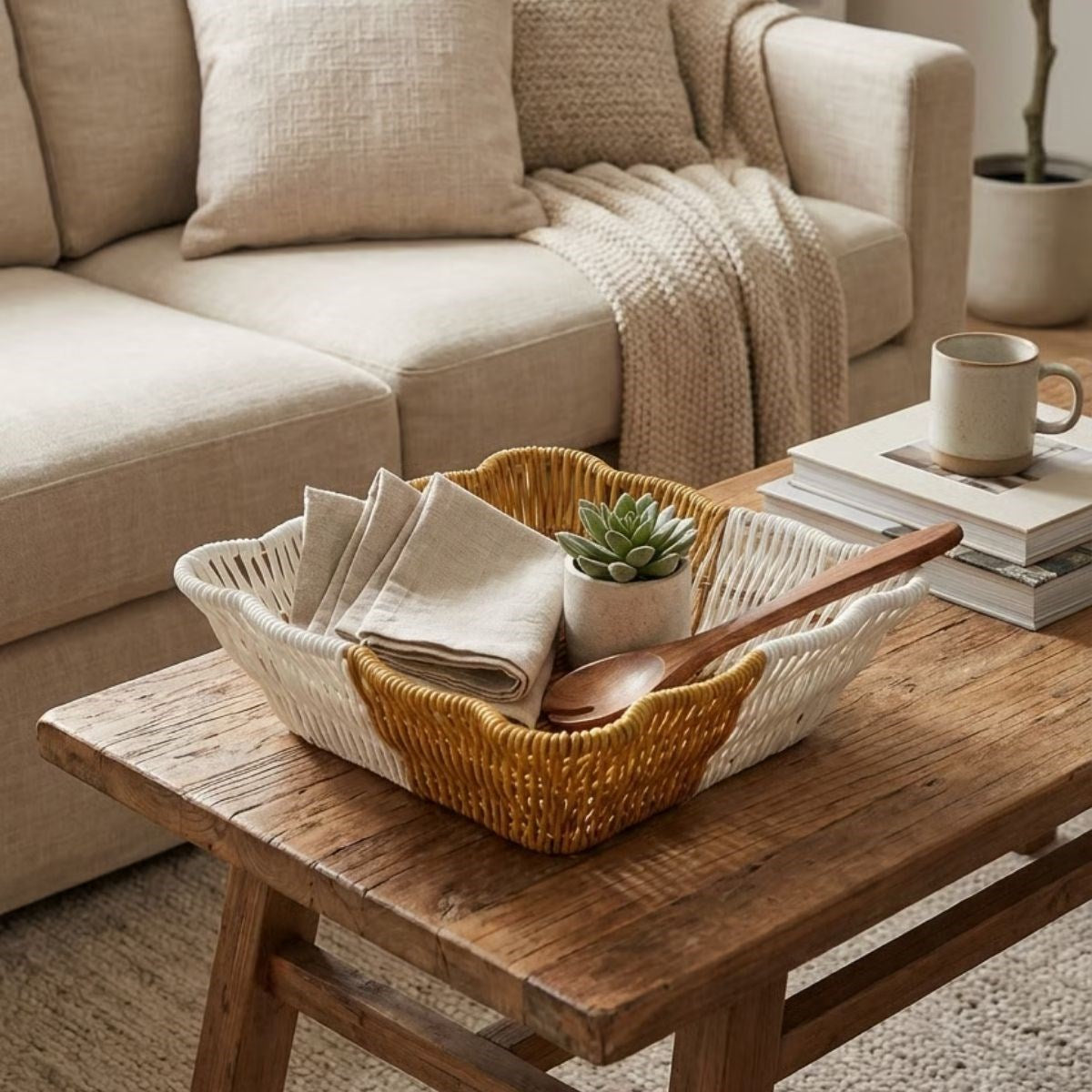 miorashop® Kare Dalgalı Çift Renkli Plastik Rattan Ekmek ve Meyve Sepeti - Çok Amaçlı Banyo ve Mutfak Düzenleyici - Yıkanabilir Tezgâh Üstü Organizer