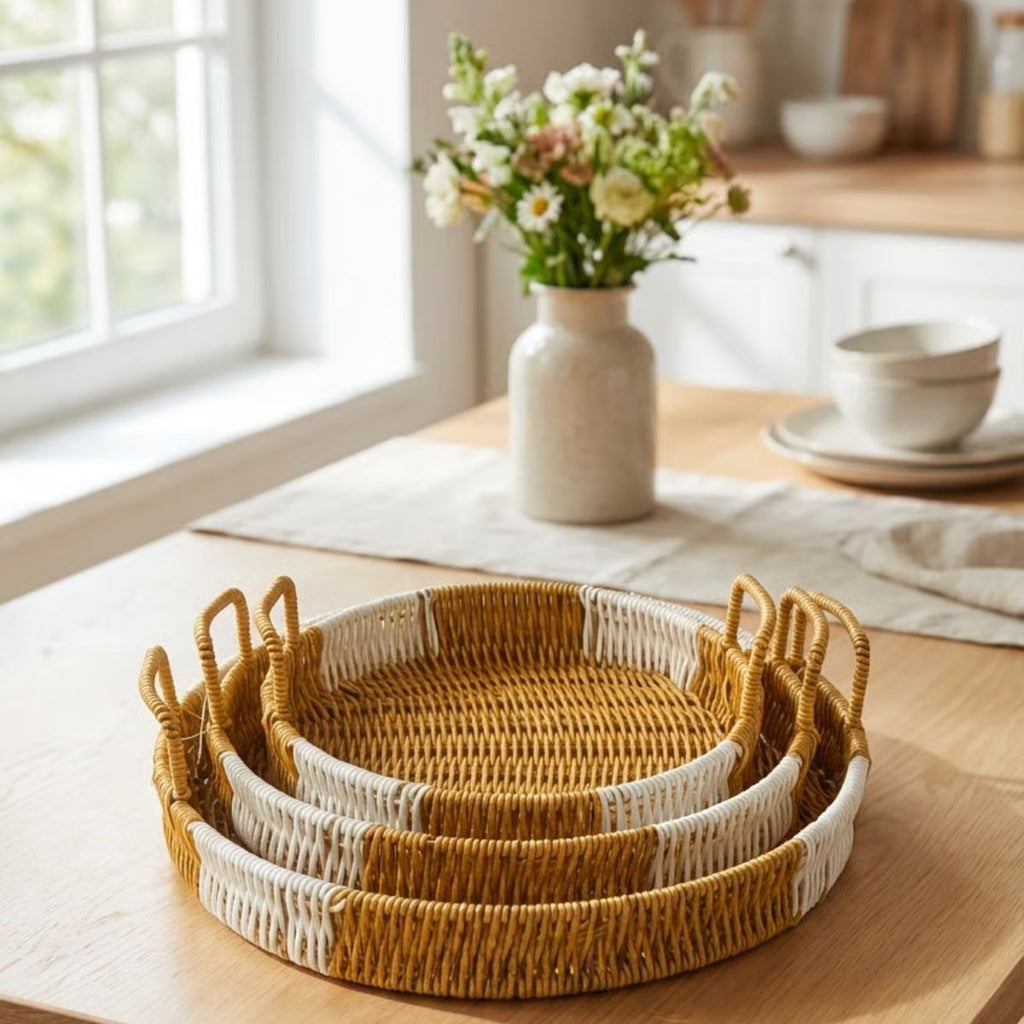 miorashop® İç İçe Geçebilen 3’lü Yuvarlak Plastik Rattan Tepsi Seti–Çift Renkli Hasır Görünümlü Çok Amaçlı Servis ve Sunum Tepsileri