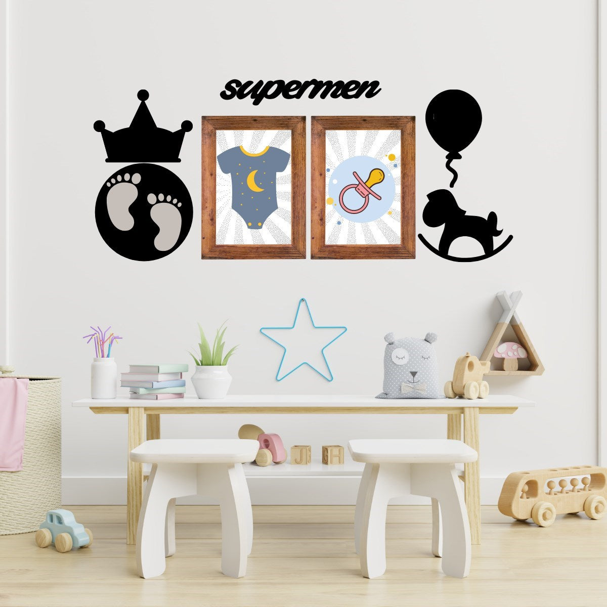 miorashop® DECO103 Supermen Dekoratif Duvar Süsü Tablo Aksesuar Ahşap Tasarım Hediye Pano Sticker Seti