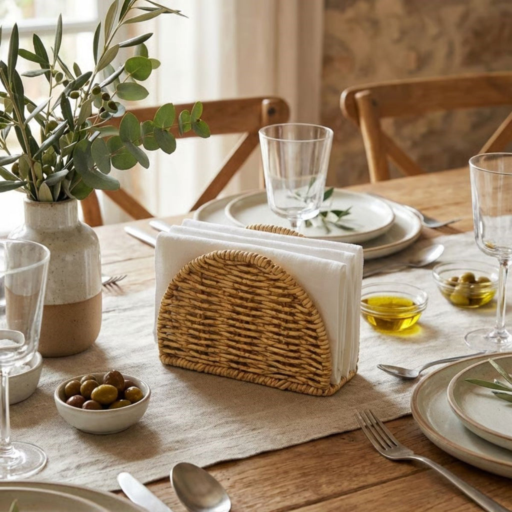 miorashop® Dekoratif Plastik Rattan Yarım Yuvarlak Peçetelik–Doğal Hasır Dokulu Masaüstü Peçete Standı