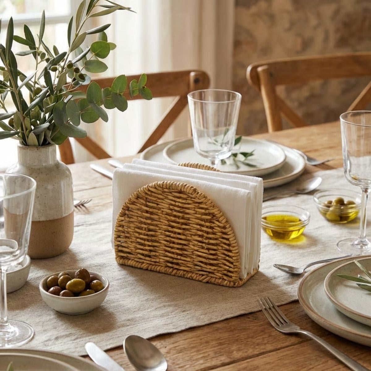 miorashop® Dekoratif Plastik Rattan Yarım Yuvarlak Peçetelik–Doğal Hasır Dokulu Masaüstü Peçete Standı