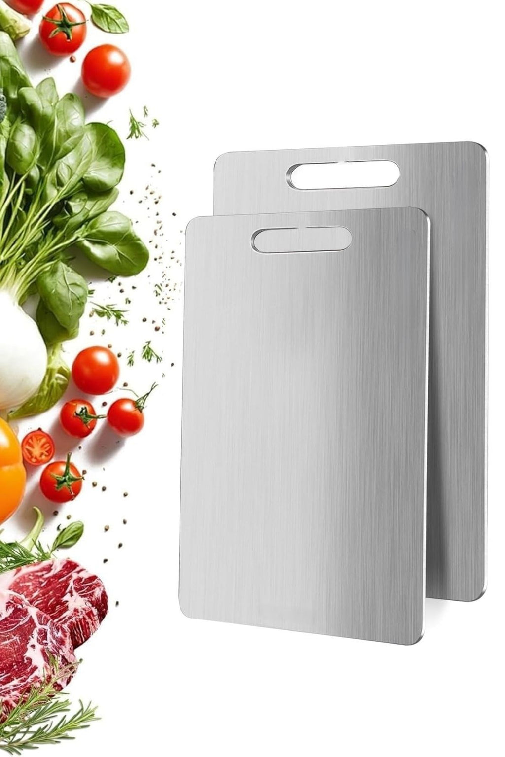miorashop® 2 Boy Paslanmaz Çelik Leke Tutmaz,Kırılmaz,Antibakteriyel,Elde ve Bulaşık Makinesinde Yıkanabilen Meyve,Sebze,Et,Tavuk Kesim Panosu