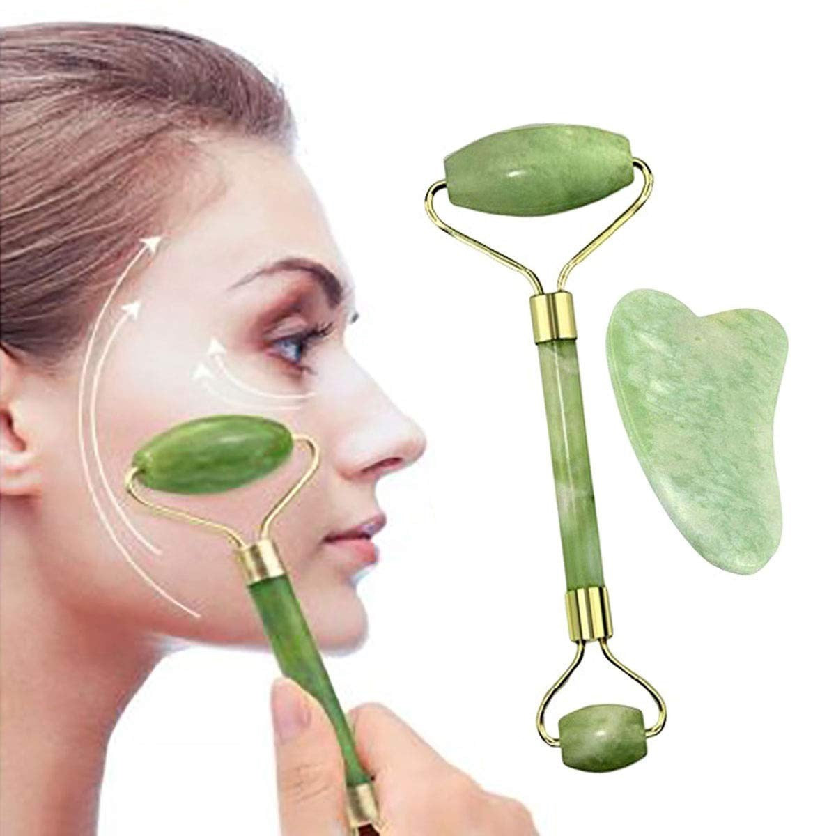 miorashop® Çift Taraflı 2li Cilt Yüz Masaj Aleti Jade Roller Yeşim  Taşı Seti