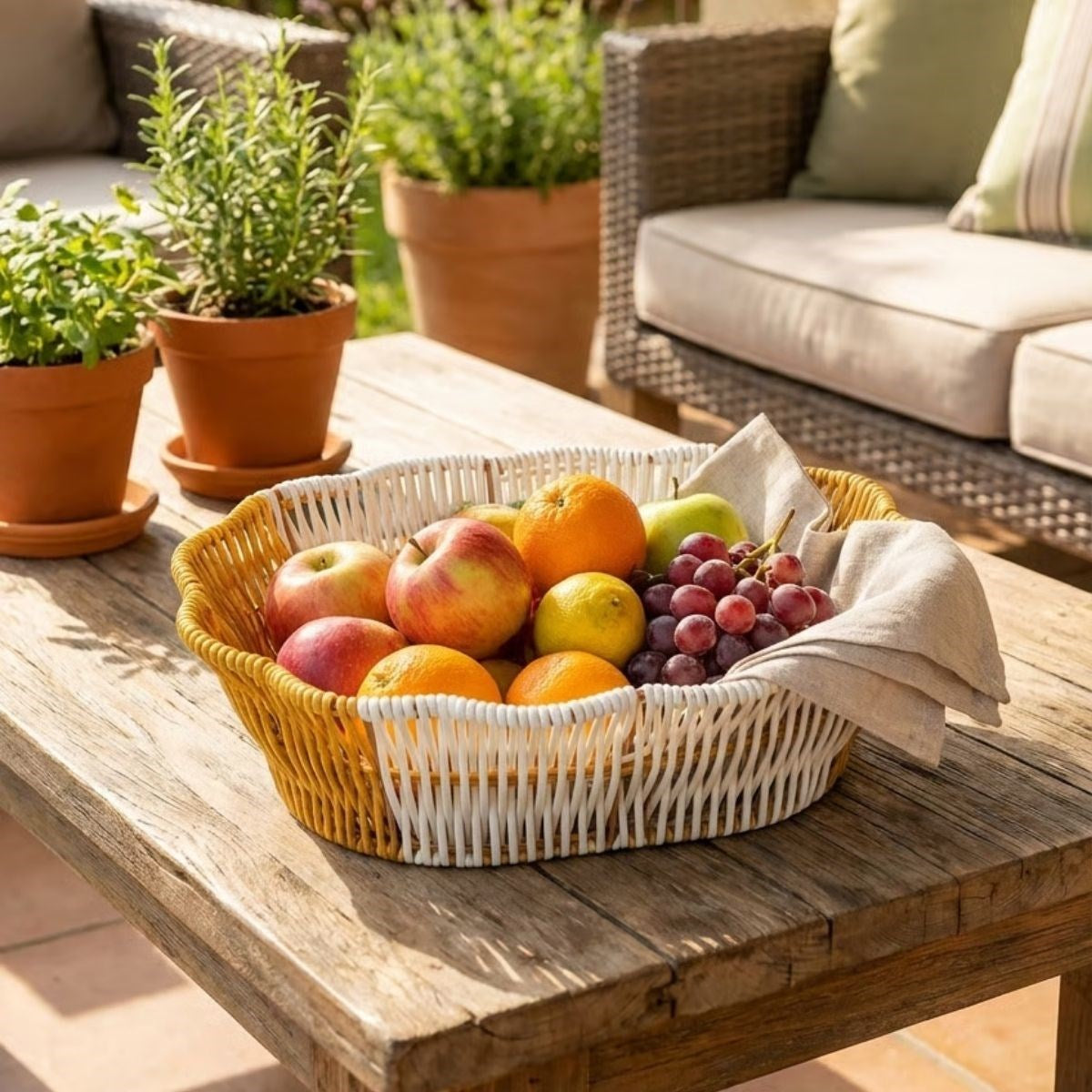 miorashop® Oval Çift Renkli Plastik Rattan Ekmek ve Meyve Sepeti - Çok Amaçlı Banyo ve Mutfak Düzenleyici - Yıkanabilir Dekoratif Tezgâh Üstü Organize