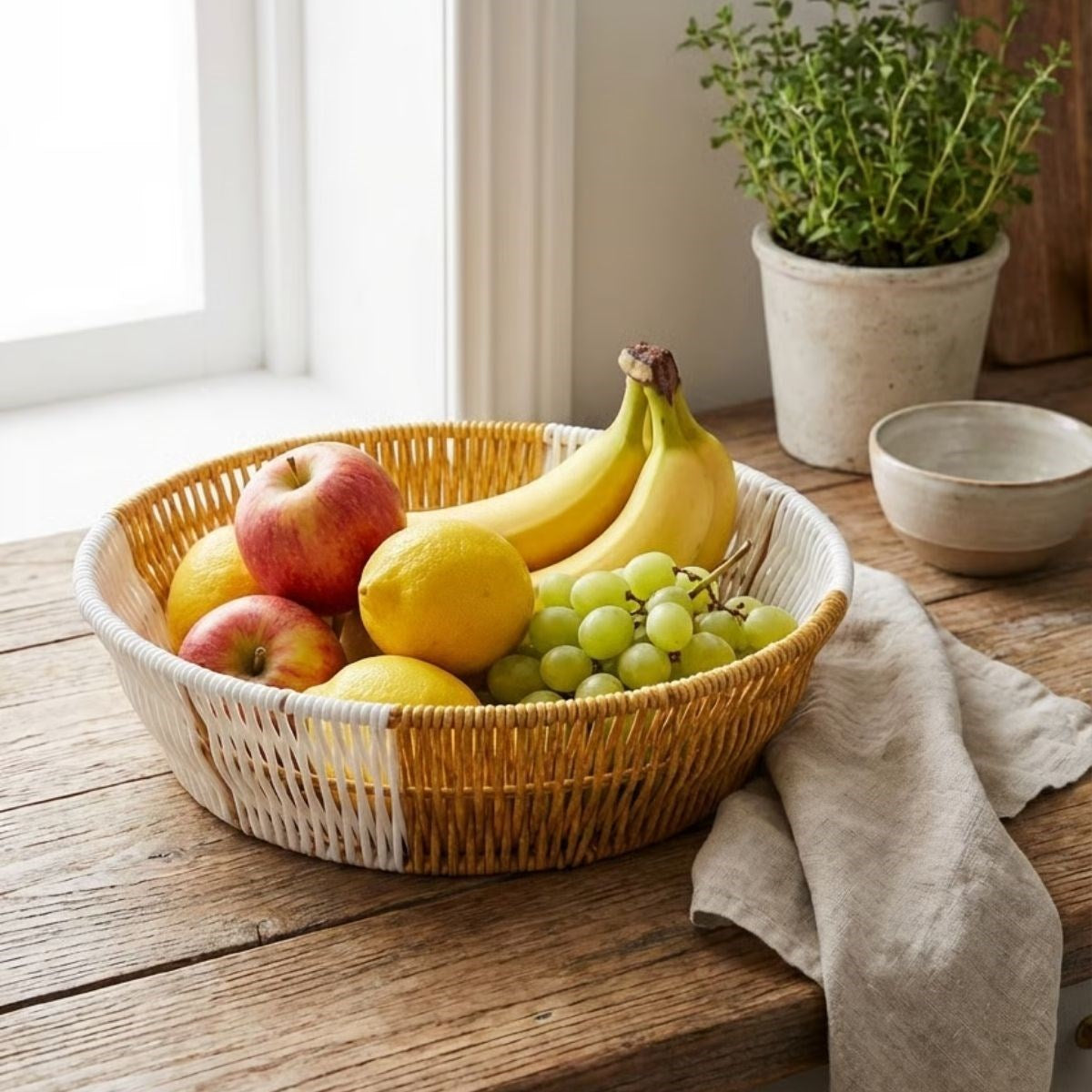 miorashop® Yuvarlak Çift Renkli Plastik Rattan Ekmek ve Meyve Sepeti - Çok Amaçlı Banyo ve Mutfak Düzenleyici - Yıkanabilir Tezgâh Üstü Organizer