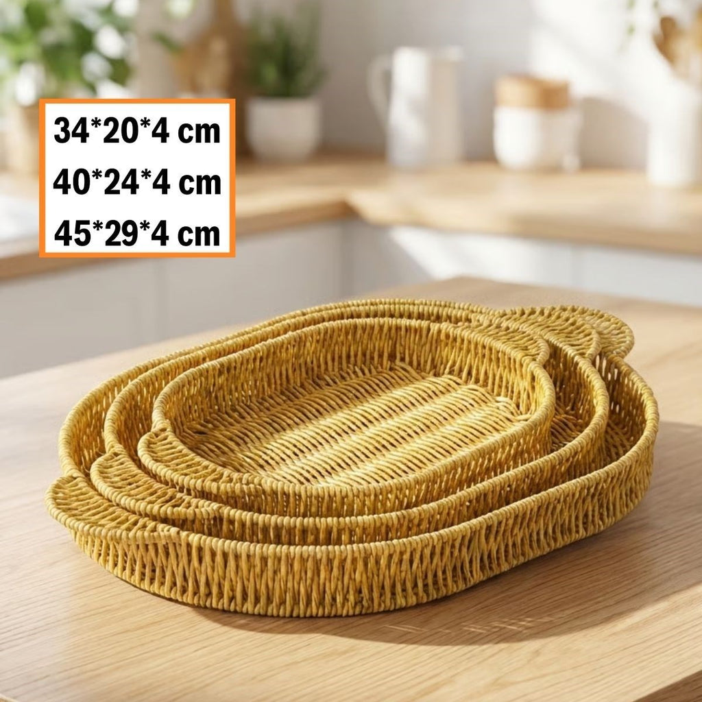 miorashop® İç İçe Geçebilen 3’lü Oval Plastik Rattan Tepsi Seti–Hasır Görünümlü Çok Amaçlı Servis ve Sunum Tepsileri