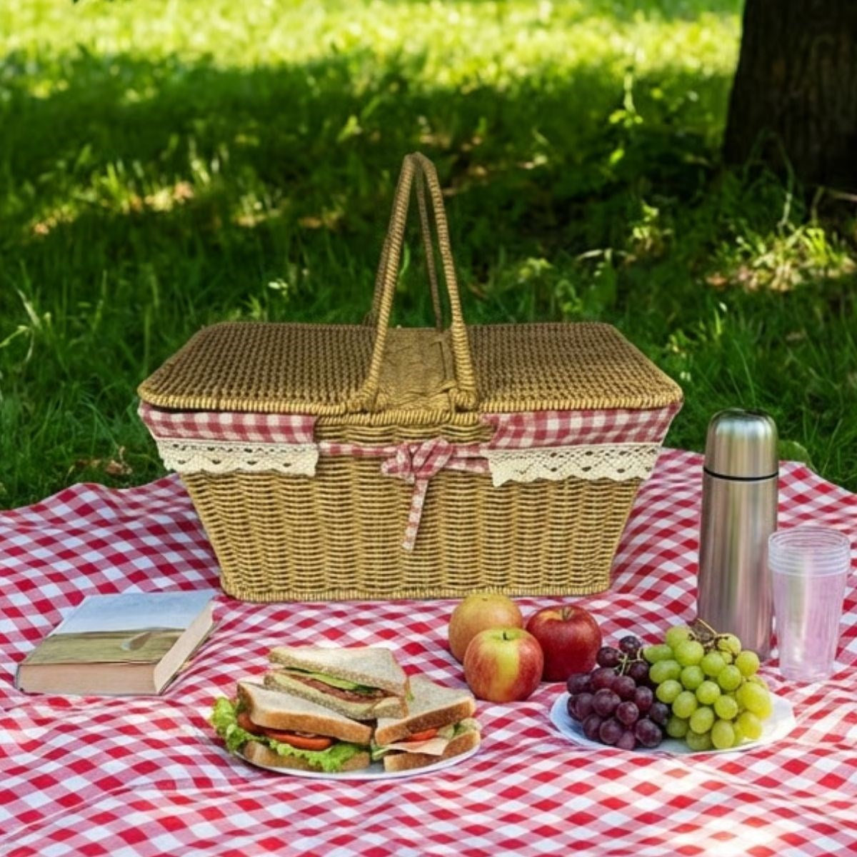 miorashop® 2 Kapaklı Dikdörtgen Plastik Rattan Piknik Sepeti – Doğal Hasır Görünümlü Çok Amaçlı Piknik, Plaj ve Bahçe Sepeti