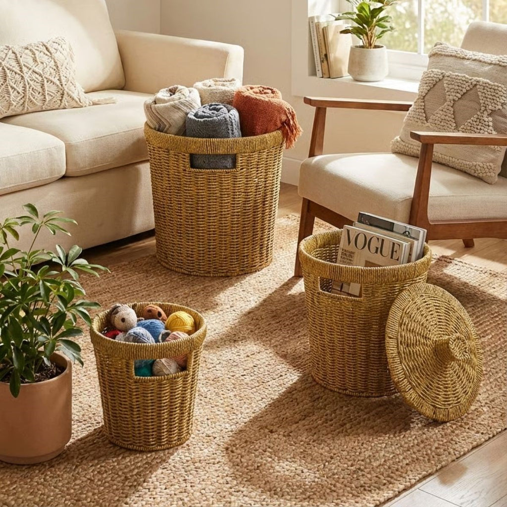 miorashop® 3’lü İç İçe Geçebilen Büyük Plastik Rattan Hasır Sepet Seti-Dayanıklı Çok Amaçlı Ev,Banyo ve Mutfak Düzenleyici