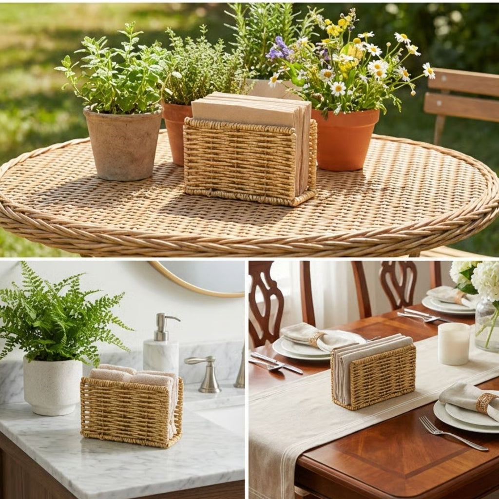 miorashop® Dekoratif Plastik Rattan Dikdörtgen Peçetelik–Doğal Hasır Dokulu Masaüstü Peçete Standı