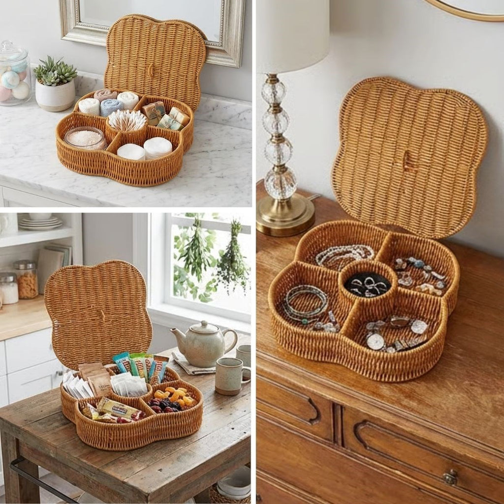 miorashop® Kapaklı 5 Bölmeli Plastik Rattan Organizer Kutu – Hasır Desenli Çok Amaçlı Saklama ve Sunum Sepeti Çerezlik