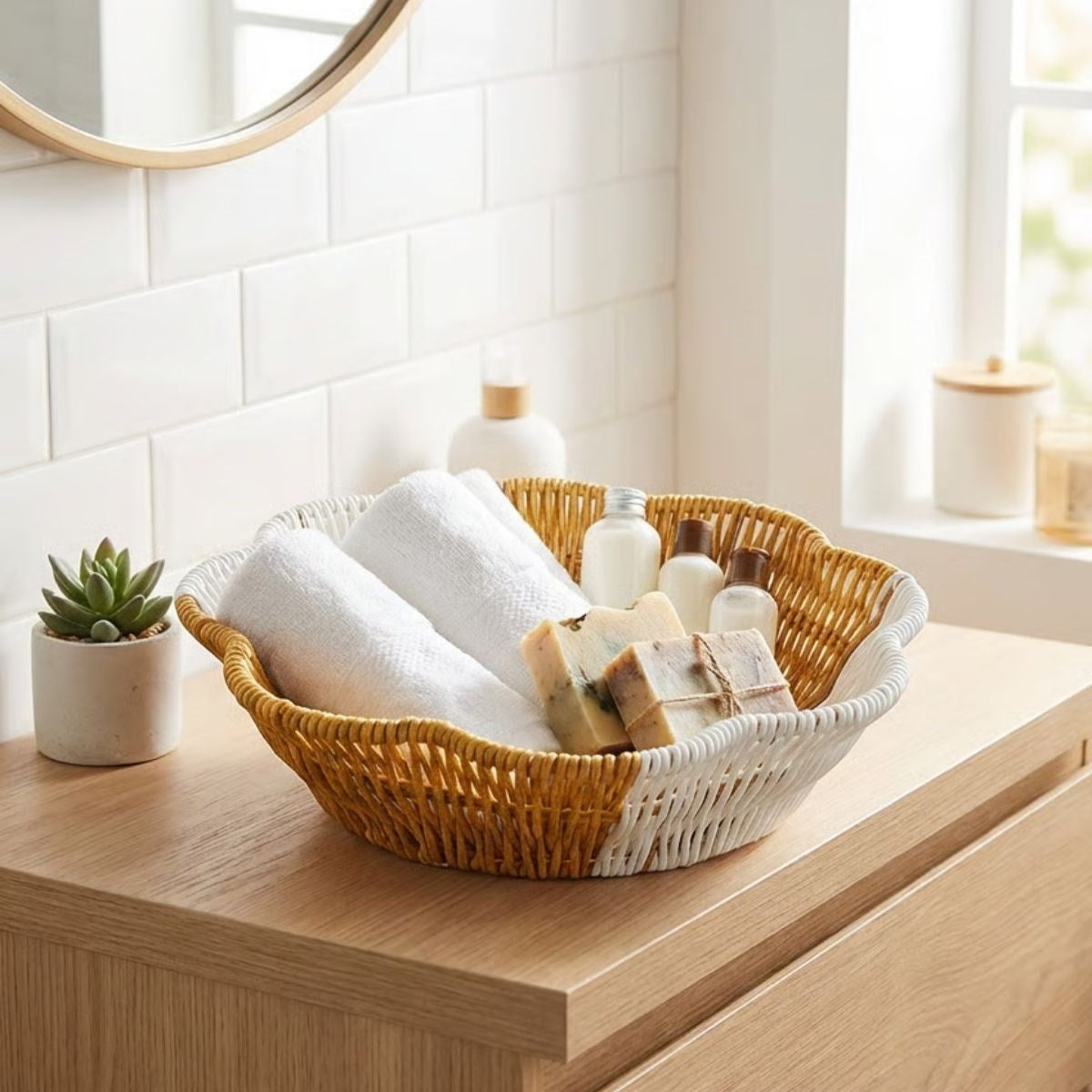 miorashop® Çiçek Model Çift Renkli Plastik Rattan Ekmek ve Meyve Sepeti - Çok Amaçlı Banyo ve Mutfak Düzenleyici - Yıkanabilir Organizer