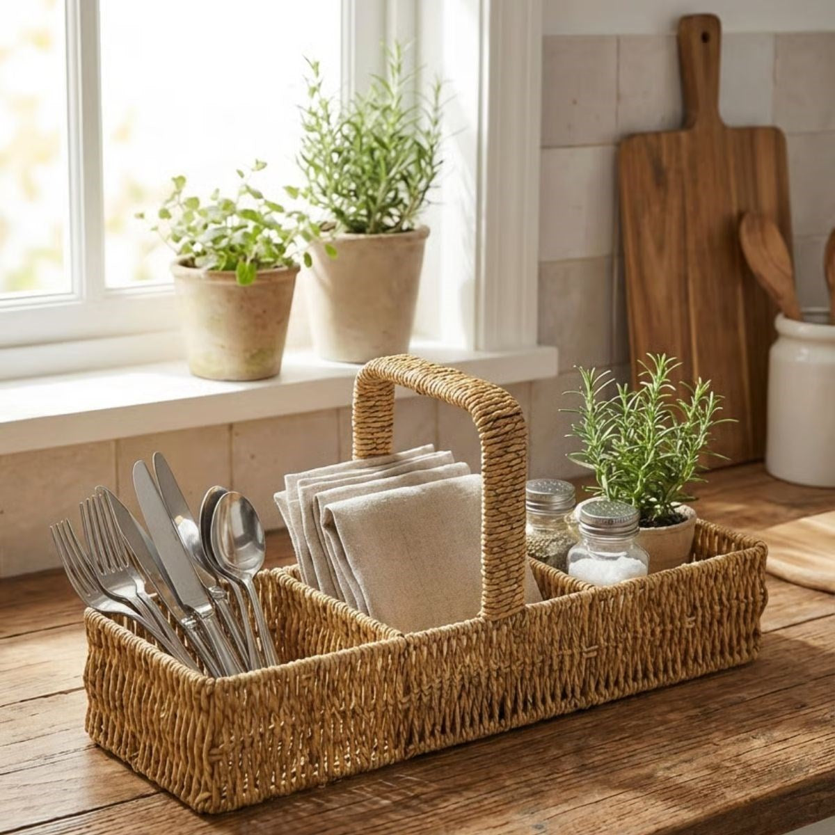 miorashop® 3 Bölmeli Plastik Rattan Düzenleyici–Saplı Masaüstü Organizer, Mutfak Kaşık Çatal Sepeti, Banyo & Ofis Çok Amaçlı Sunum Standı