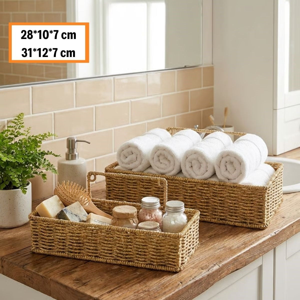 miorashop® 2’li Duvar Askılı Plastik Rattan Organizer – Dikdörtgen Hasır Görünümlü Mutfak Raf Sepeti, Banyo ve Ev İçi Düzenleme Ünitesi