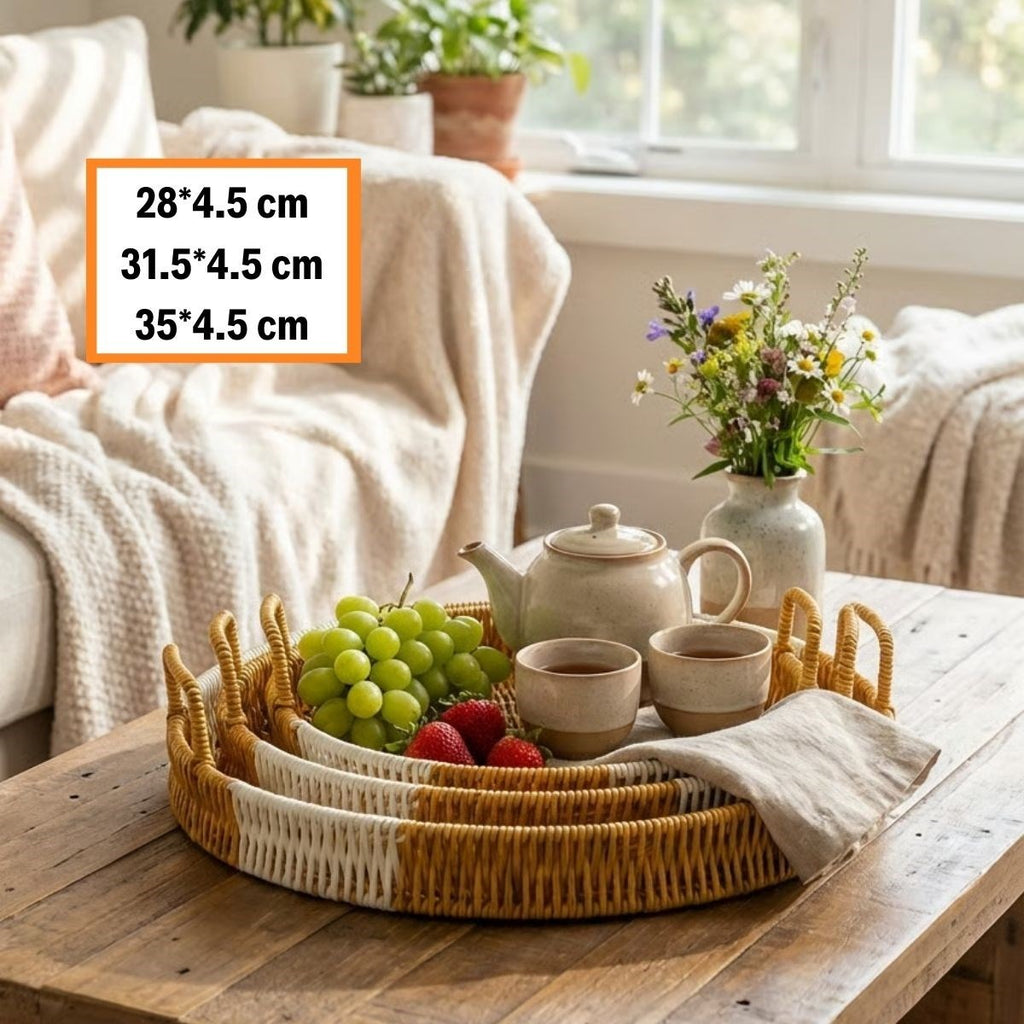miorashop® İç İçe Geçebilen 3’lü Yuvarlak Plastik Rattan Tepsi Seti–Çift Renkli Hasır Görünümlü Çok Amaçlı Servis ve Sunum Tepsileri