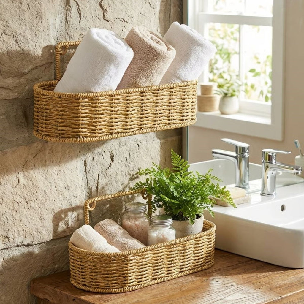 miorashop® 2’li Duvar Askılı Plastik Rattan Organizer – Oval Hasır Görünümlü Mutfak Raf Sepeti, Banyo ve Ev İçi Düzenleme Ünitesi