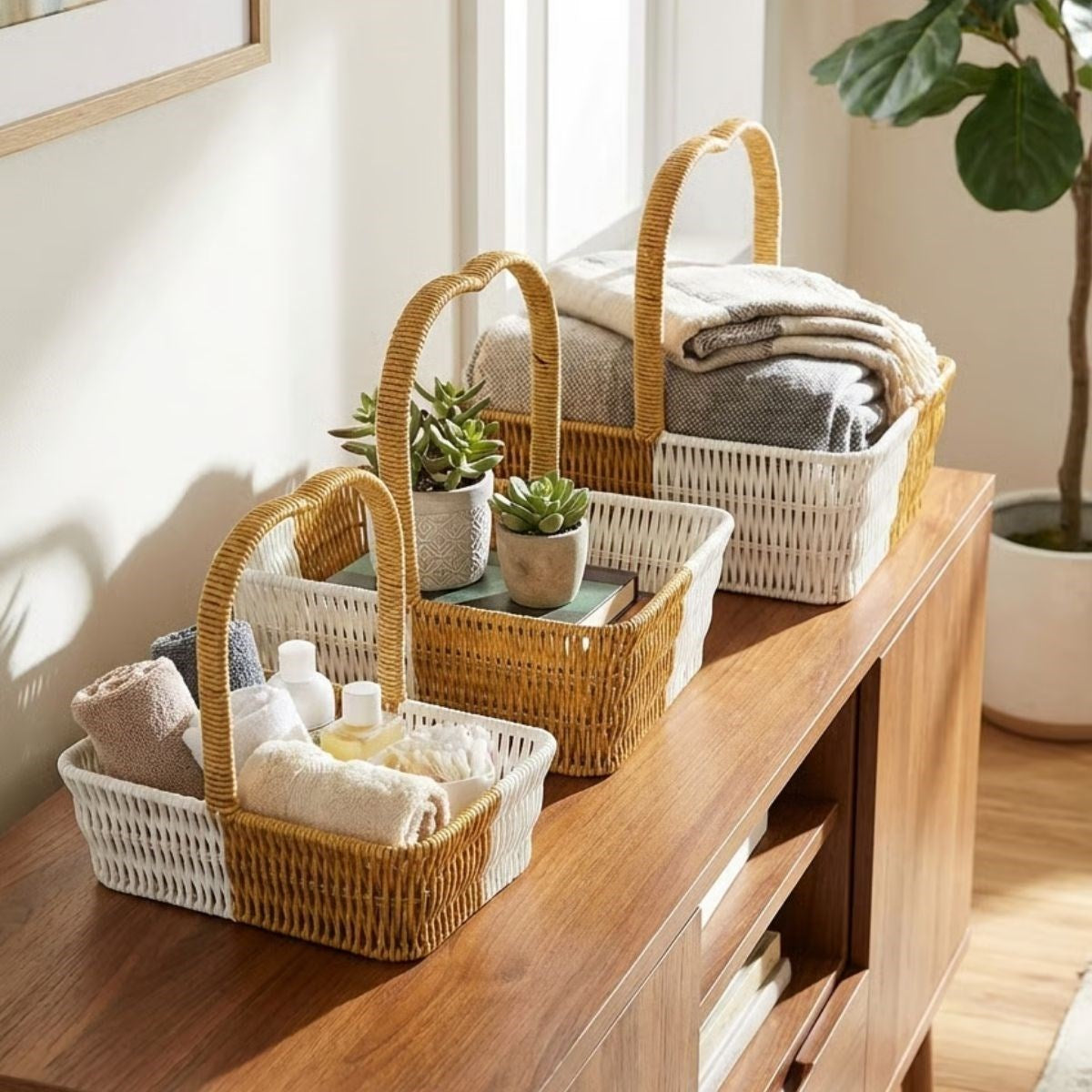 miorashop® İç İçe Geçebilen 3’lü Çift Renkli Dikdörtgen Formlu Kalp Saplı Plastik Rattan Sepet Seti – Hasır Görünümlü Çok Amaçlı Organizerler