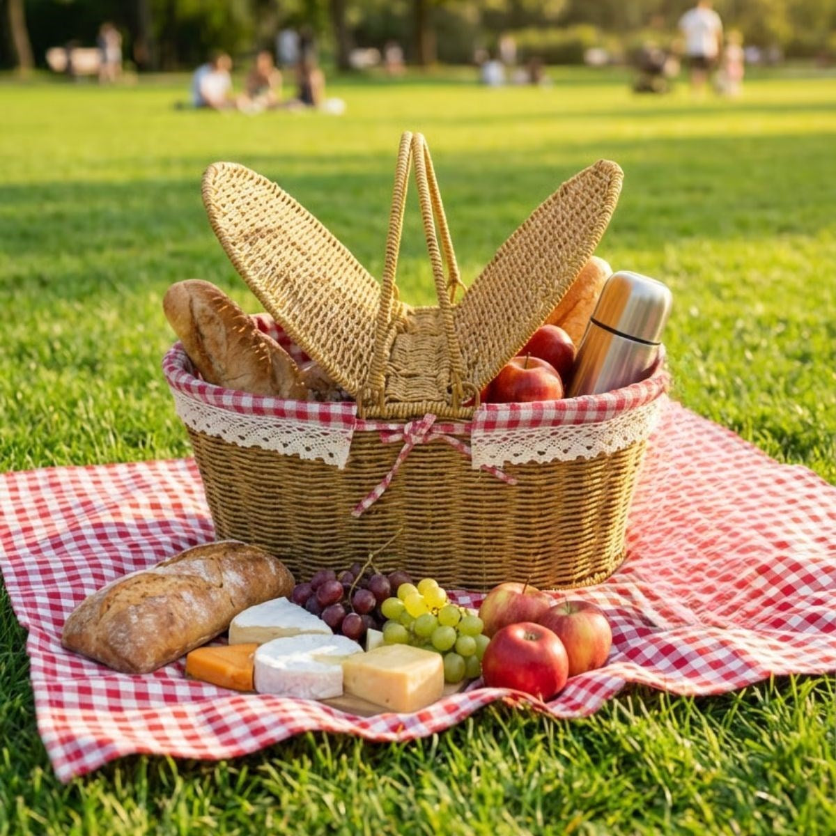 miorashop® 2 Kapaklı Oval Plastik Rattan Piknik Sepeti – Doğal Hasır Görünümlü Çok Amaçlı Piknik, Plaj ve Bahçe Sepeti