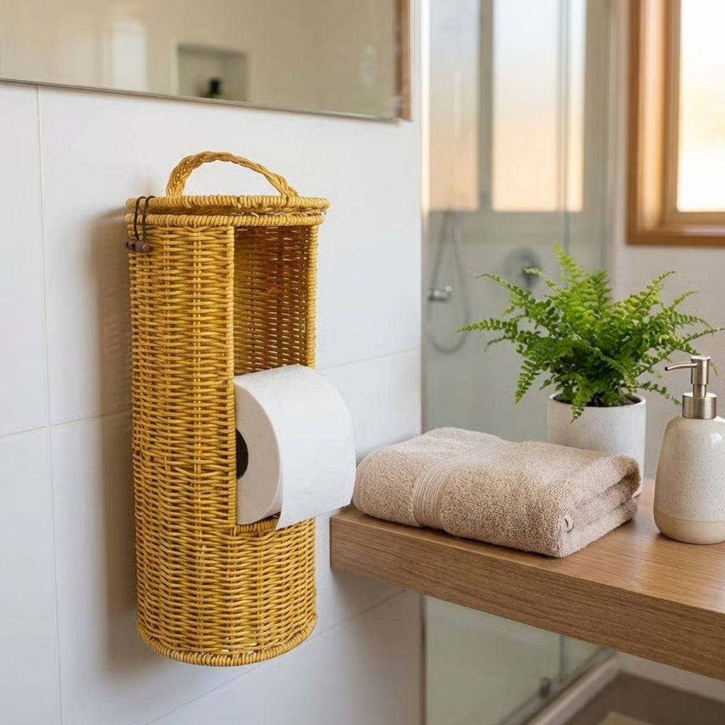 miorashop® Askılı Plastik Rattan Tuvalet Kâğıdı Standı – Hasır Görünümlü, Kapaklı, Yedekli WC Kâğıtlık, Banyo ve Tuvalet İçin Dekoratif Organizer