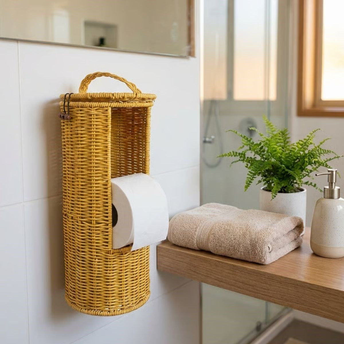 miorashop® Askılı Plastik Rattan Tuvalet Kâğıdı Standı – Hasır Görünümlü, Kapaklı, Yedekli WC Kâğıtlık, Banyo ve Tuvalet İçin Dekoratif Organizer