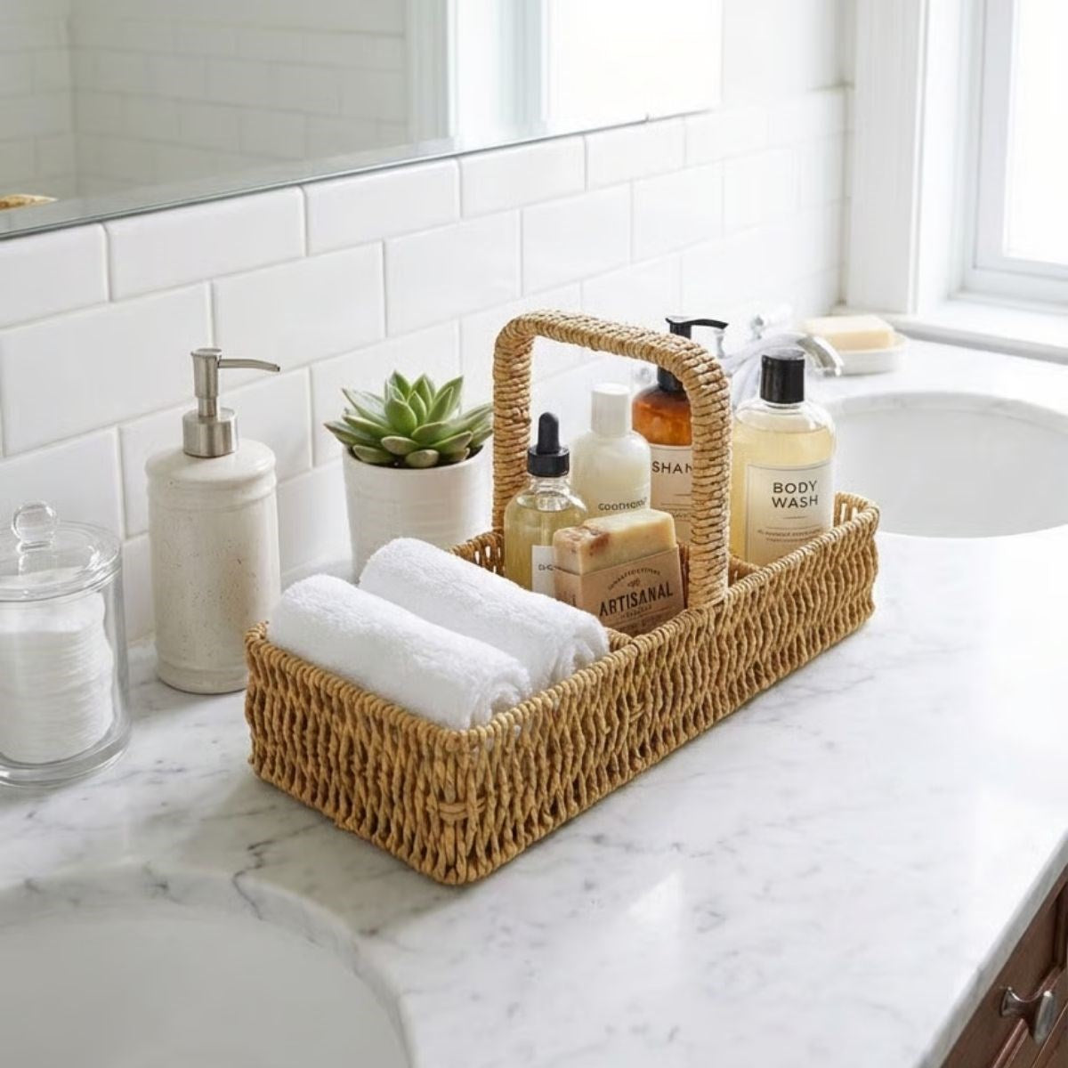 miorashop® 3 Bölmeli Plastik Rattan Düzenleyici–Saplı Masaüstü Organizer, Mutfak Kaşık Çatal Sepeti, Banyo & Ofis Çok Amaçlı Sunum Standı
