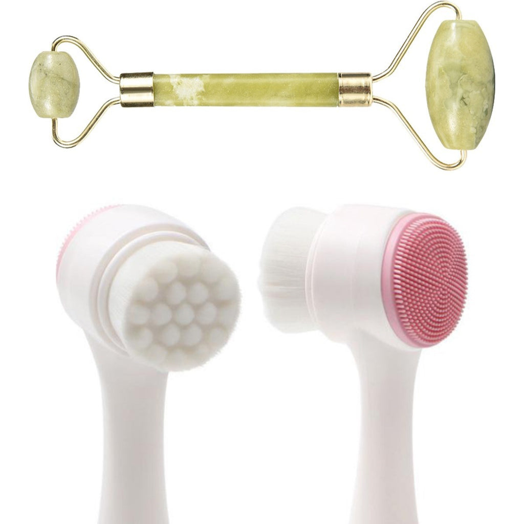 miorashop® 2li Set Çift Taraflı Cilt Temizleme Fırçası ve Yeşim Taşı Çift Taraflı Cilt Masaj Aleti
