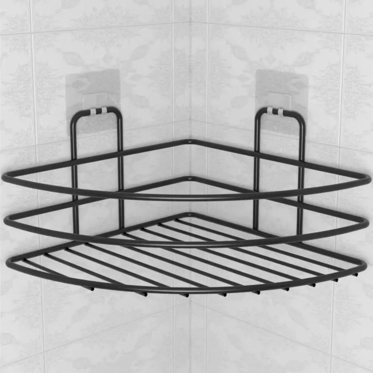 miorashop® Kendiliğinden Yapışkanlı Montaj Gerektirmeyen Tek Katlı Banyo Askı Köşe Şampuanlık Siyah