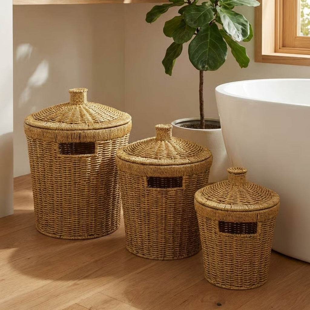 miorashop® 3’lü İç İçe Geçebilen Büyük Plastik Rattan Hasır Sepet Seti-Dayanıklı Çok Amaçlı Ev,Banyo ve Mutfak Düzenleyici