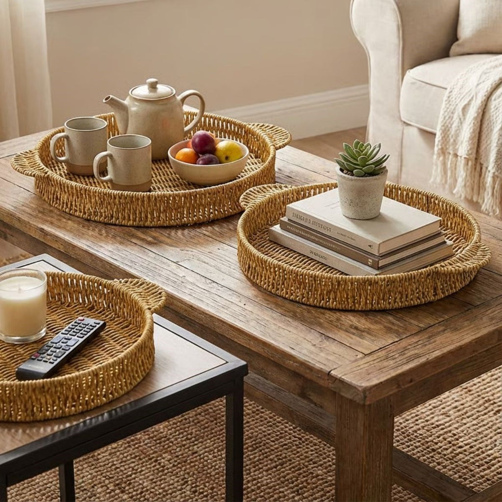 miorashop® İç İçe Geçebilen 3’lü Yuvarlak Plastik Rattan Tepsi Seti–Hasır Görünümlü Çok Amaçlı Servis ve Sunum Tepsileri