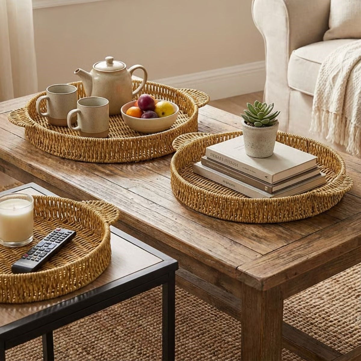 miorashop® İç İçe Geçebilen 3’lü Yuvarlak Plastik Rattan Tepsi Seti–Hasır Görünümlü Çok Amaçlı Servis ve Sunum Tepsileri