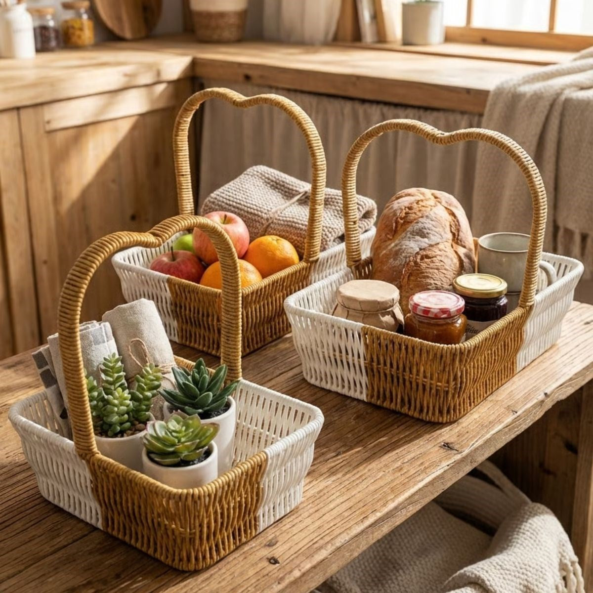 miorashop® İç İçe Geçebilen 3’lü Çift Renkli Dikdörtgen Formlu Kalp Saplı Plastik Rattan Sepet Seti – Hasır Görünümlü Çok Amaçlı Organizerler