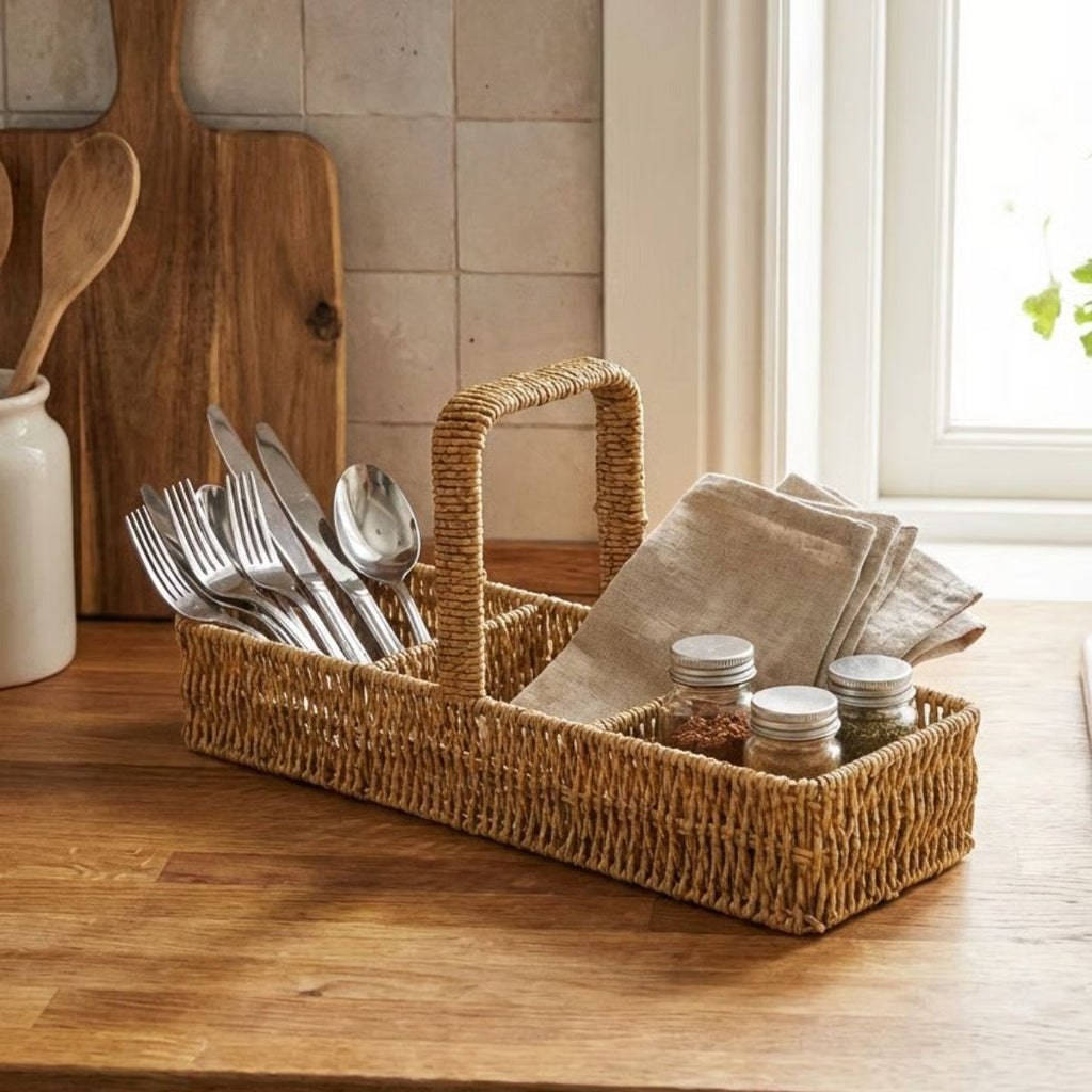 miorashop® 3 Bölmeli Plastik Rattan Düzenleyici–Saplı Masaüstü Organizer, Mutfak Kaşık Çatal Sepeti, Banyo & Ofis Çok Amaçlı Sunum Standı