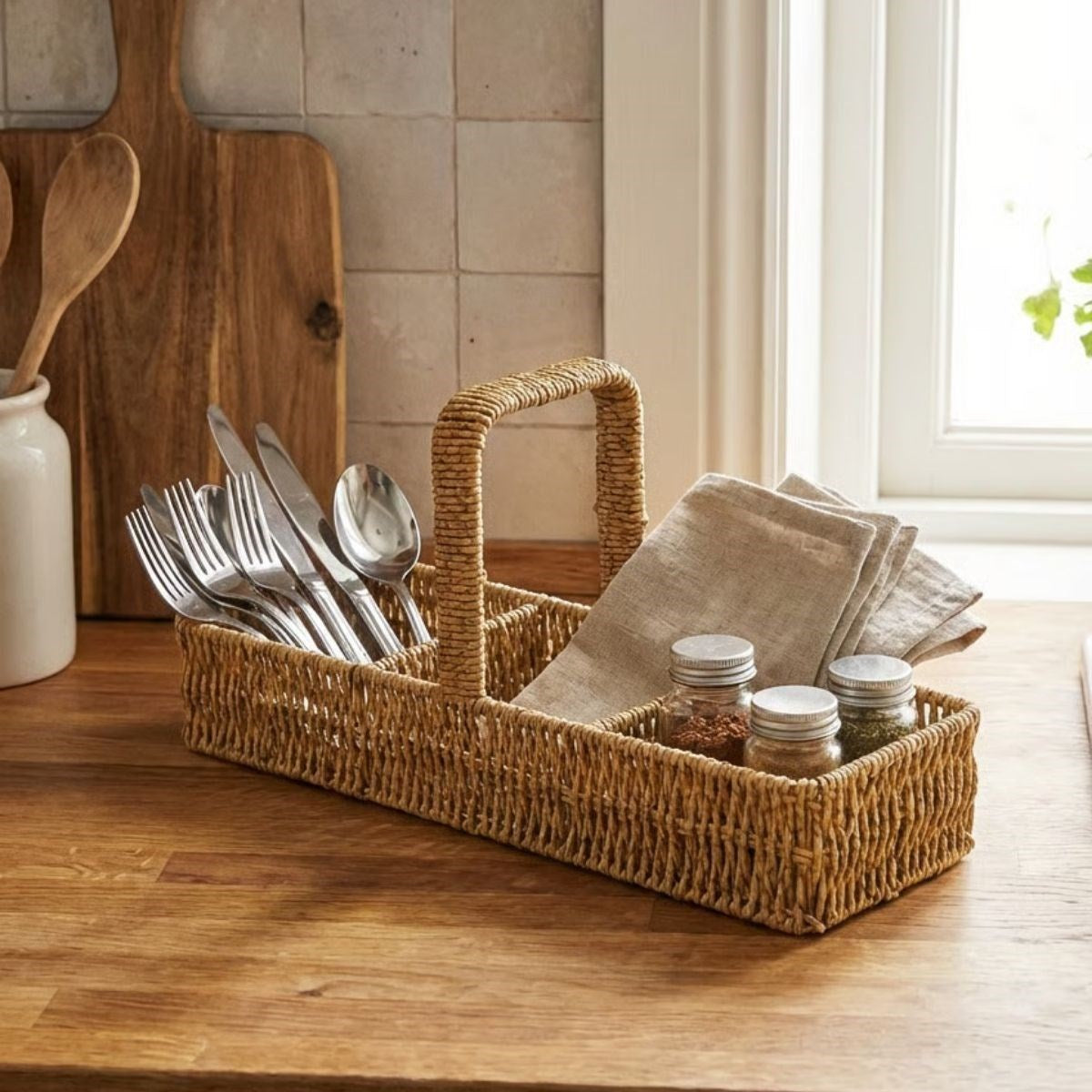 miorashop® 3 Bölmeli Plastik Rattan Düzenleyici–Saplı Masaüstü Organizer, Mutfak Kaşık Çatal Sepeti, Banyo & Ofis Çok Amaçlı Sunum Standı