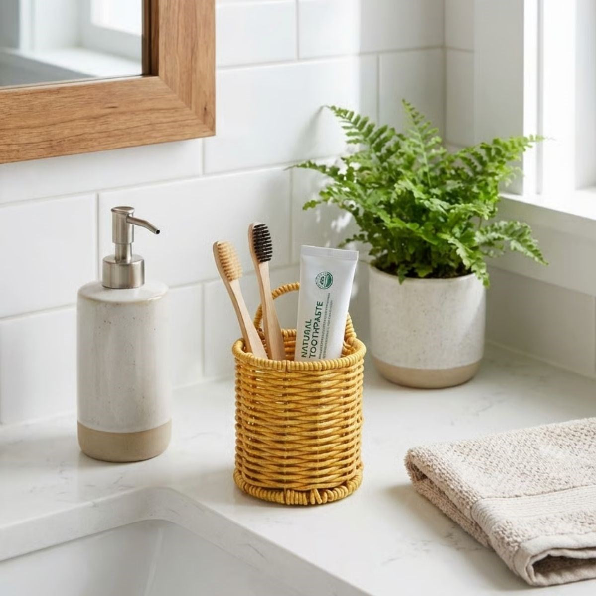 miorashop® Yuvarlak Hasır Dokulu Plastik Rattan Kaşıklık & Çatallık – Askılı Kendiliğinden Tutmalı Çok Amaçlı Mutfak Organizeri