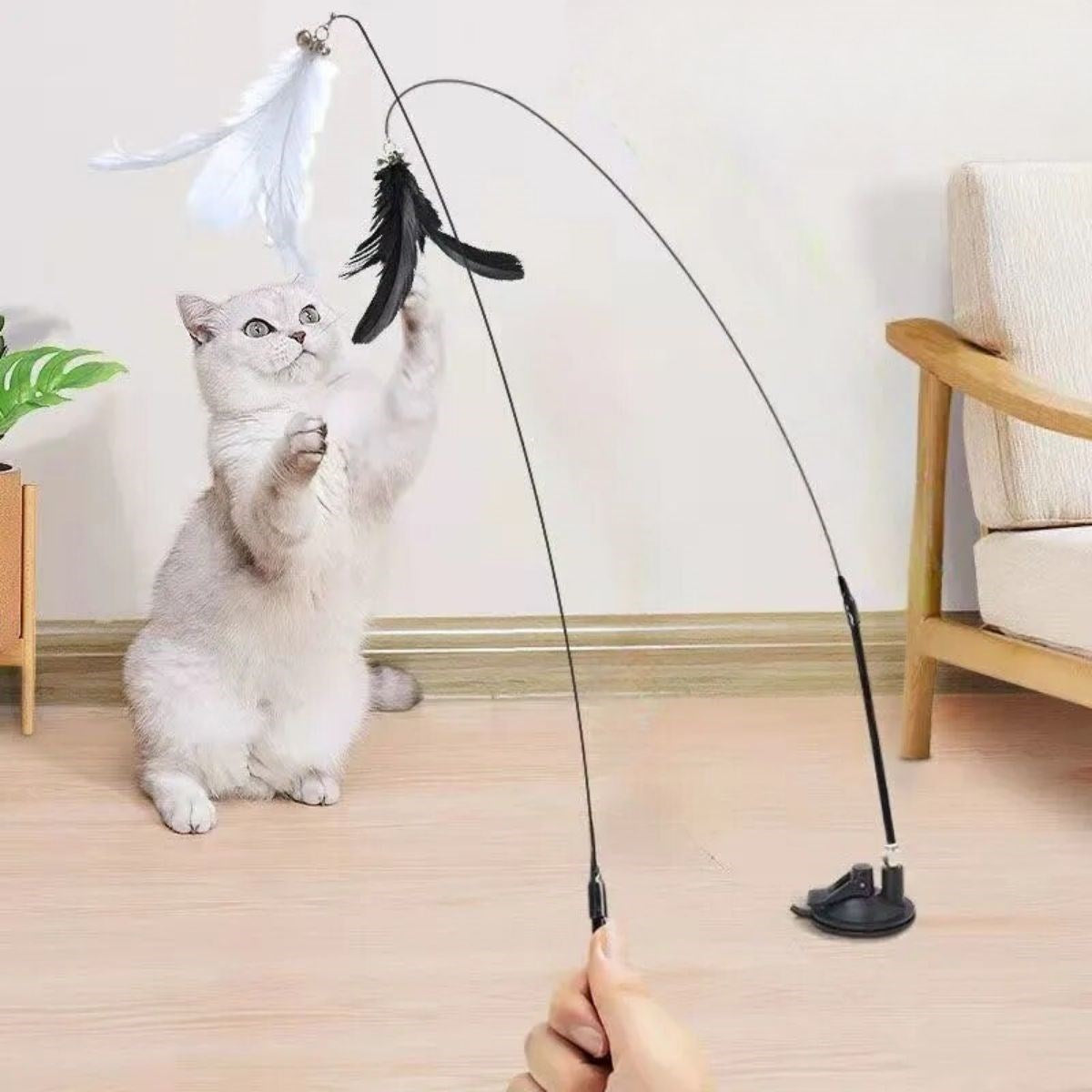 miorashop® Vantuzlu Tüylü Zilli Olta Kedi Oyuncağı 2 Oltalı