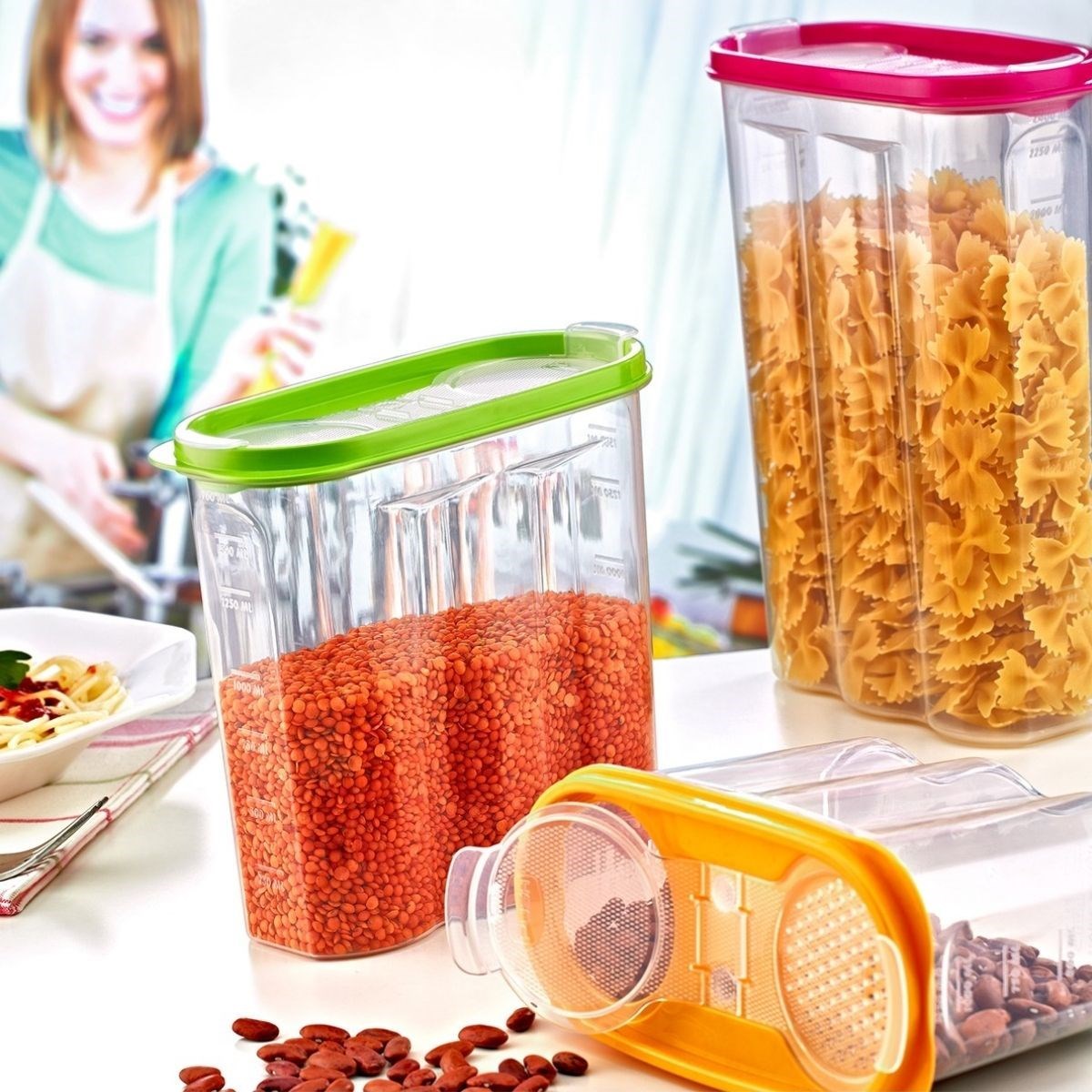 miorashop® 2 Kapaklı Ölçekli Erzak Kuru Gıda Saklama Kutusu Kabı 2,4 Litre-SA940