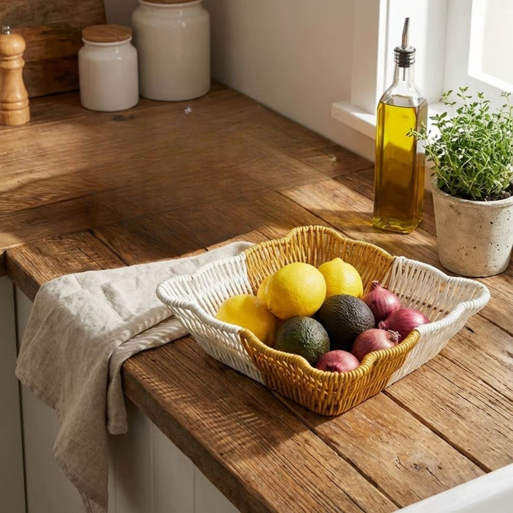 miorashop® Kare Dalgalı Çift Renkli Plastik Rattan Ekmek ve Meyve Sepeti - Çok Amaçlı Banyo ve Mutfak Düzenleyici - Yıkanabilir Tezgâh Üstü Organizer