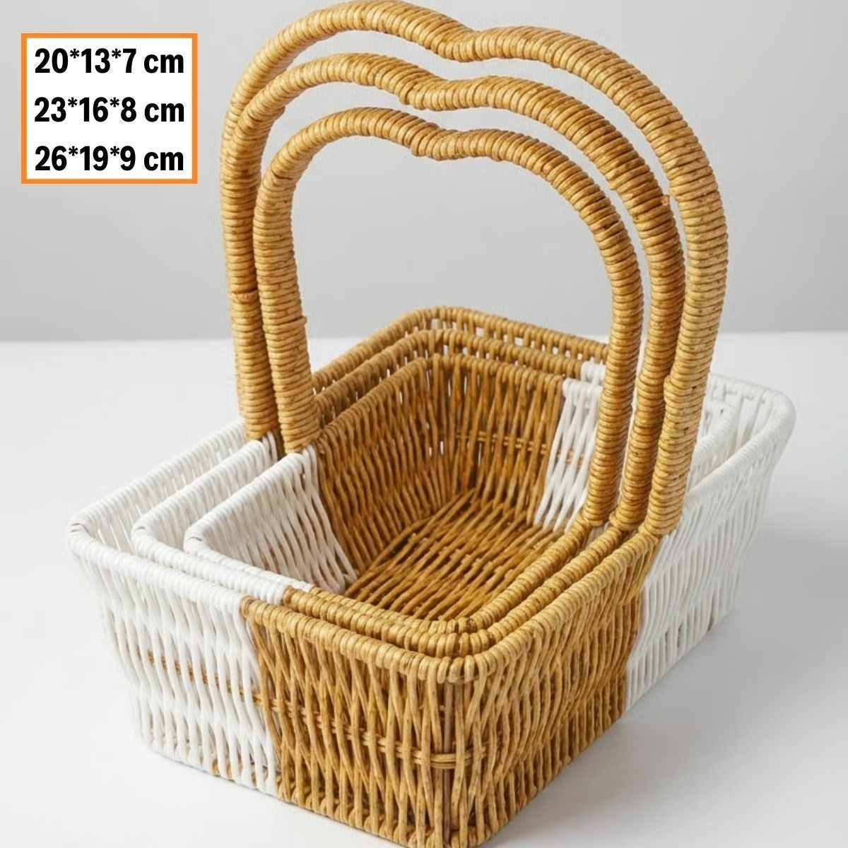 miorashop® İç İçe Geçebilen 3’lü Çift Renkli Dikdörtgen Formlu Kalp Saplı Plastik Rattan Sepet Seti – Hasır Görünümlü Çok Amaçlı Organizerler