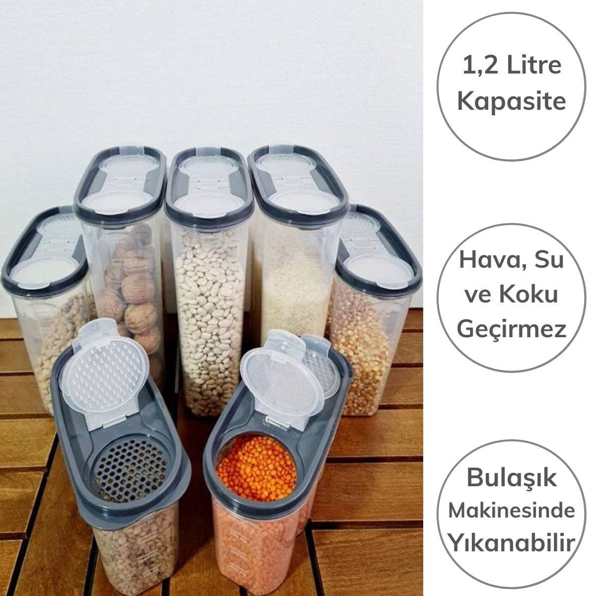 miorashop® 2 Kapaklı Ölçekli Erzak Saklama Kabı - 1,2 Litre - SA930