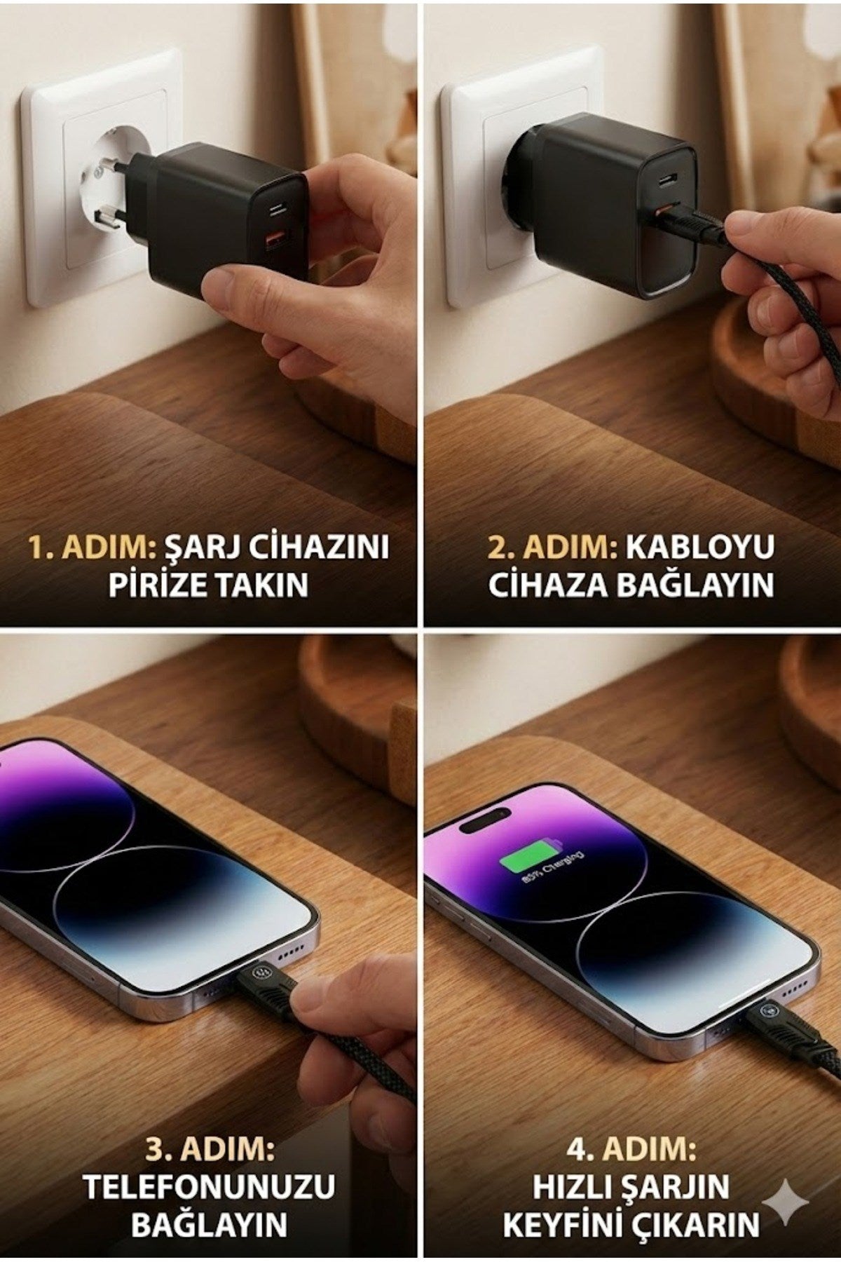 4 in 1 Hızlı Şarj Seti | 38W Çift Portlu Adaptör & Çok Başlıklı Örgü Kablo (Lightning/Type-C/USB)